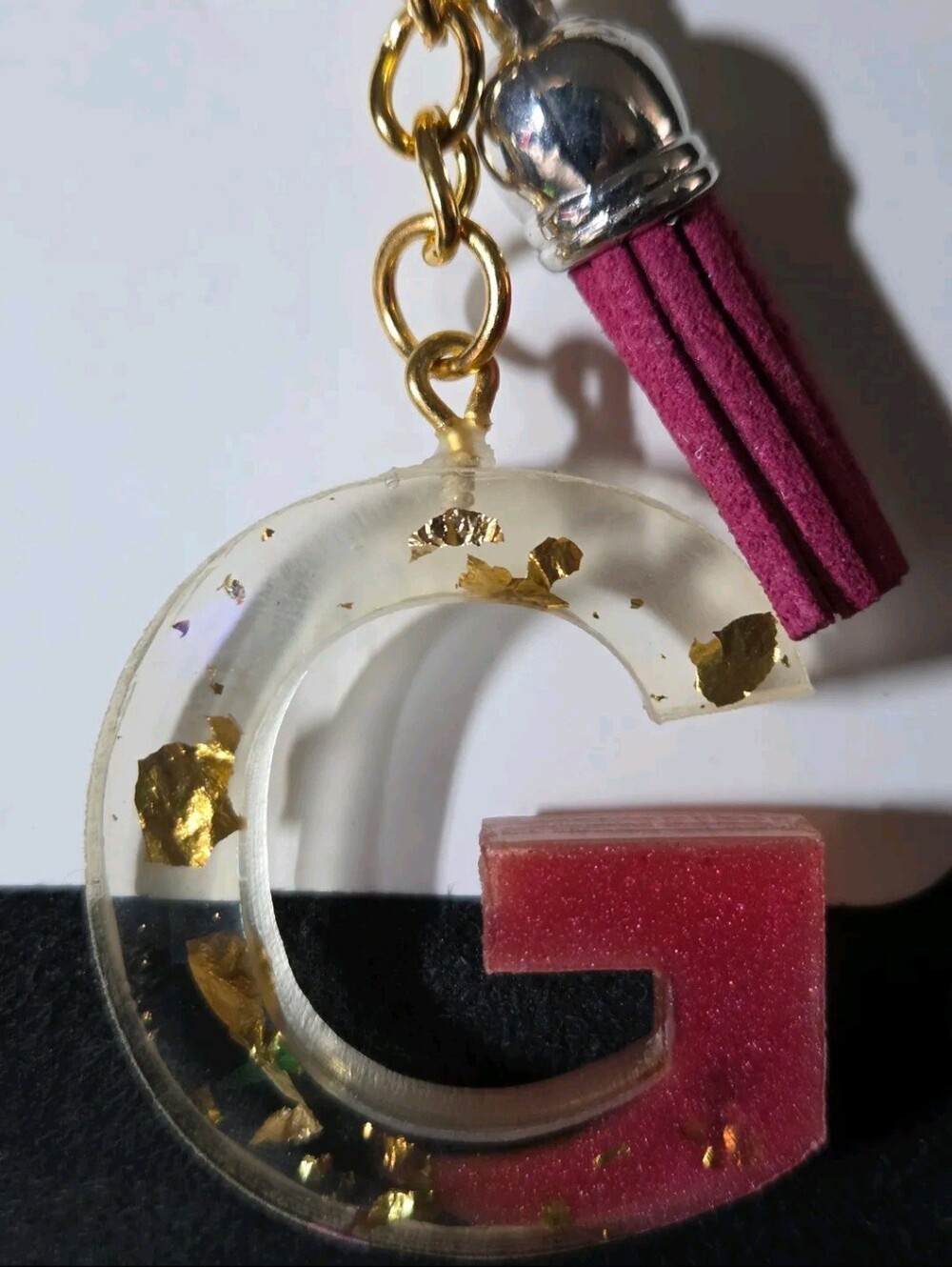 G Initial Resin Keychain with Gold Leaf and Pink Tassel